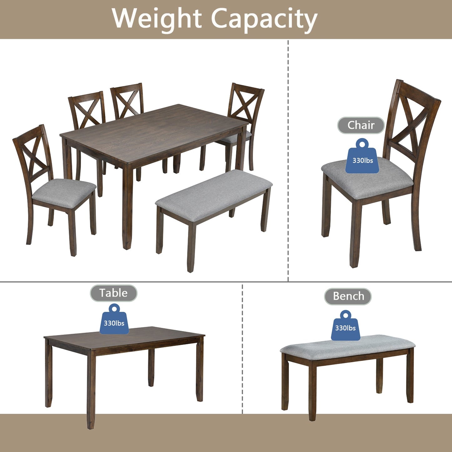 6-Piece Walnut Acacia Wood Dining Set with Bench & Chairs - 1st Choice Furniture Direct