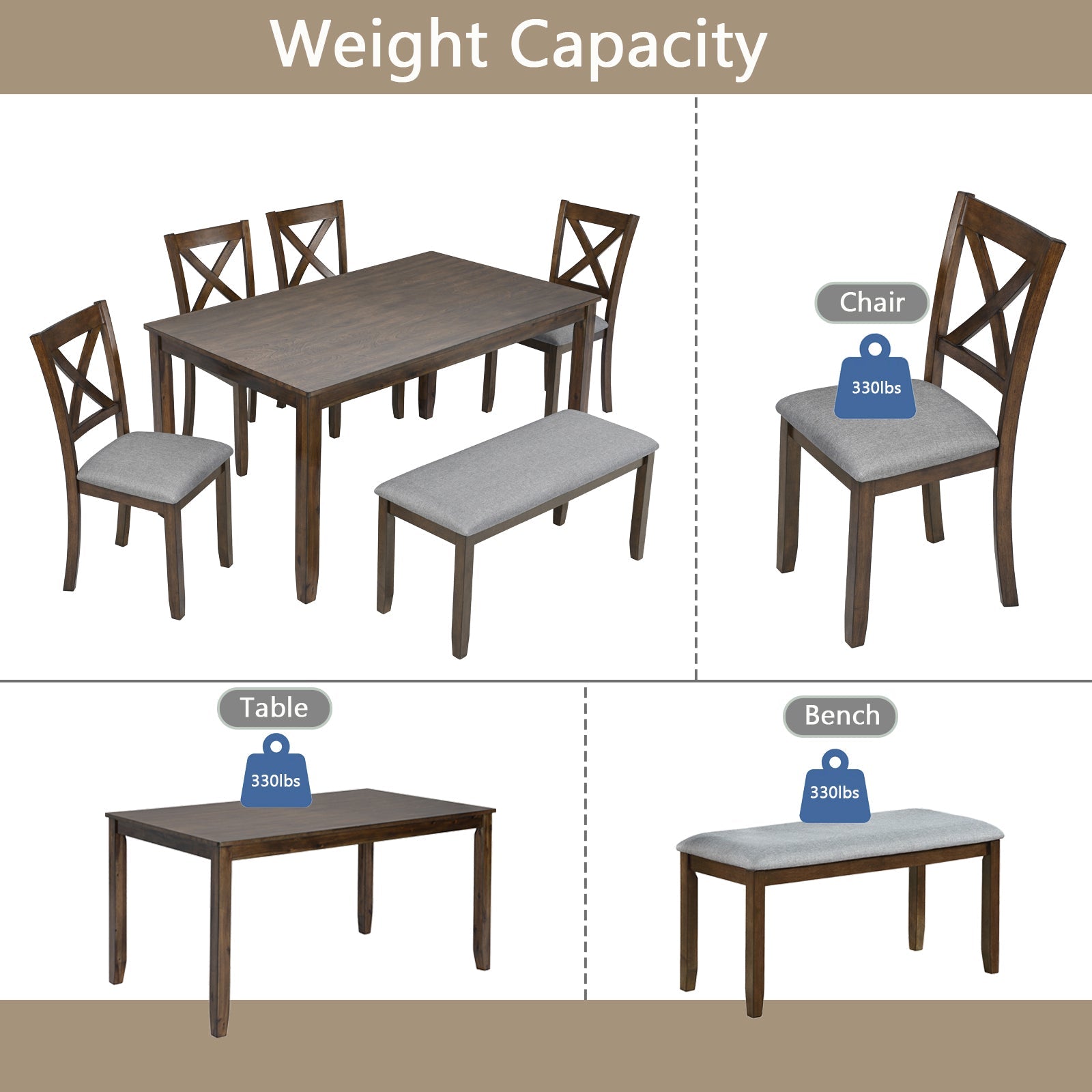 6-Piece Walnut Acacia Wood Dining Set with Bench & Chairs - 1st Choice Furniture Direct