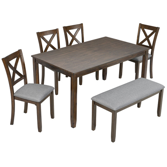 6-Piece Walnut Acacia Wood Dining Set with Bench & Chairs - 1st Choice Furniture Direct