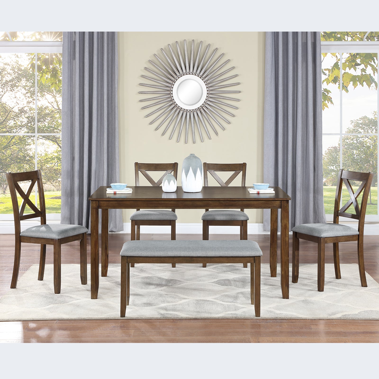 6-Piece Walnut Acacia Wood Dining Set with Bench & Chairs - 1st Choice Furniture Direct