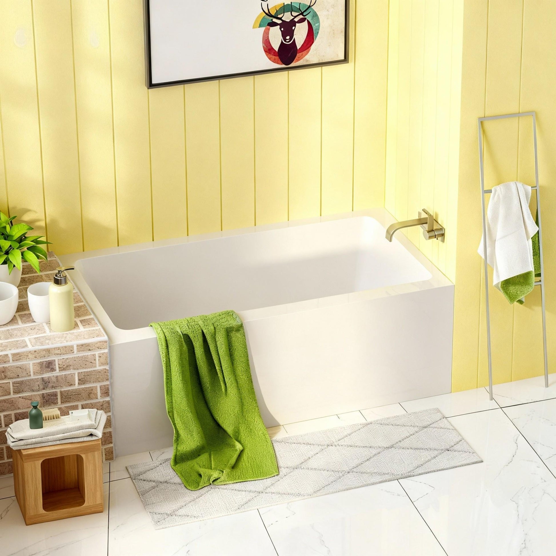 60' Glossy White Acrylic Alcove Soaking Bathtub with Skirt - Back - to - Wall Design, Chrome Hand - Twist Drain, Compact 60' x 32' x 20' - 1st Choice Furniture Direct