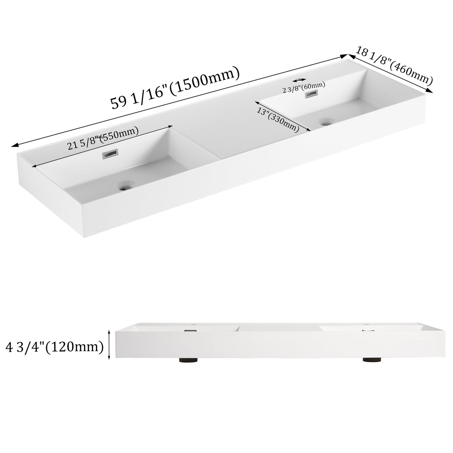60 Inch Bathroom Resin Sink(GRB60120DMO) - 1st Choice Furniture Direct