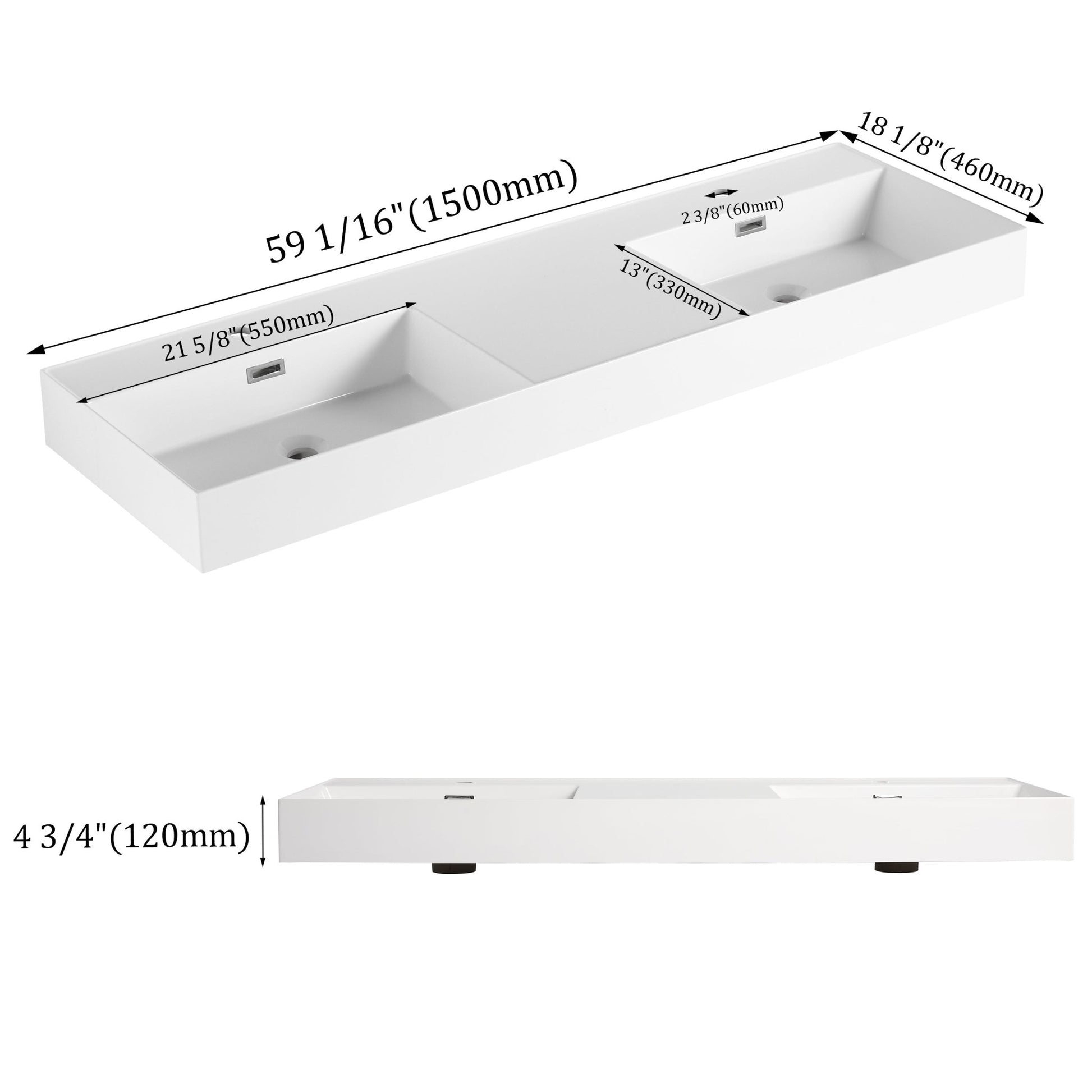 60 Inch Bathroom Resin Sink(GRB60120DMO) - 1st Choice Furniture Direct
