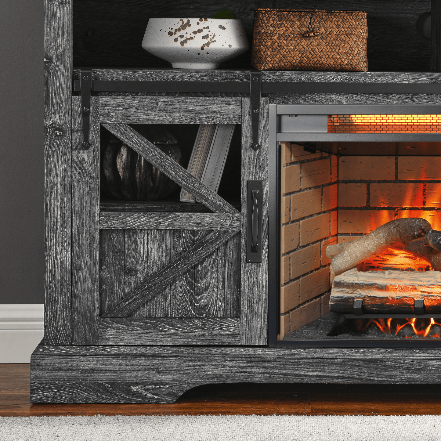 60 Inch Electric Fireplace Entertainment Center With Door Sensor - Dark Rustic Oak - 1st Choice Furniture Direct