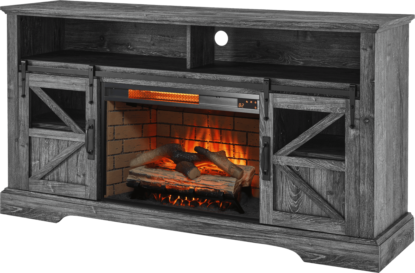 60 Inch Electric Fireplace Entertainment Center With Door Sensor - Dark Rustic Oak - 1st Choice Furniture Direct