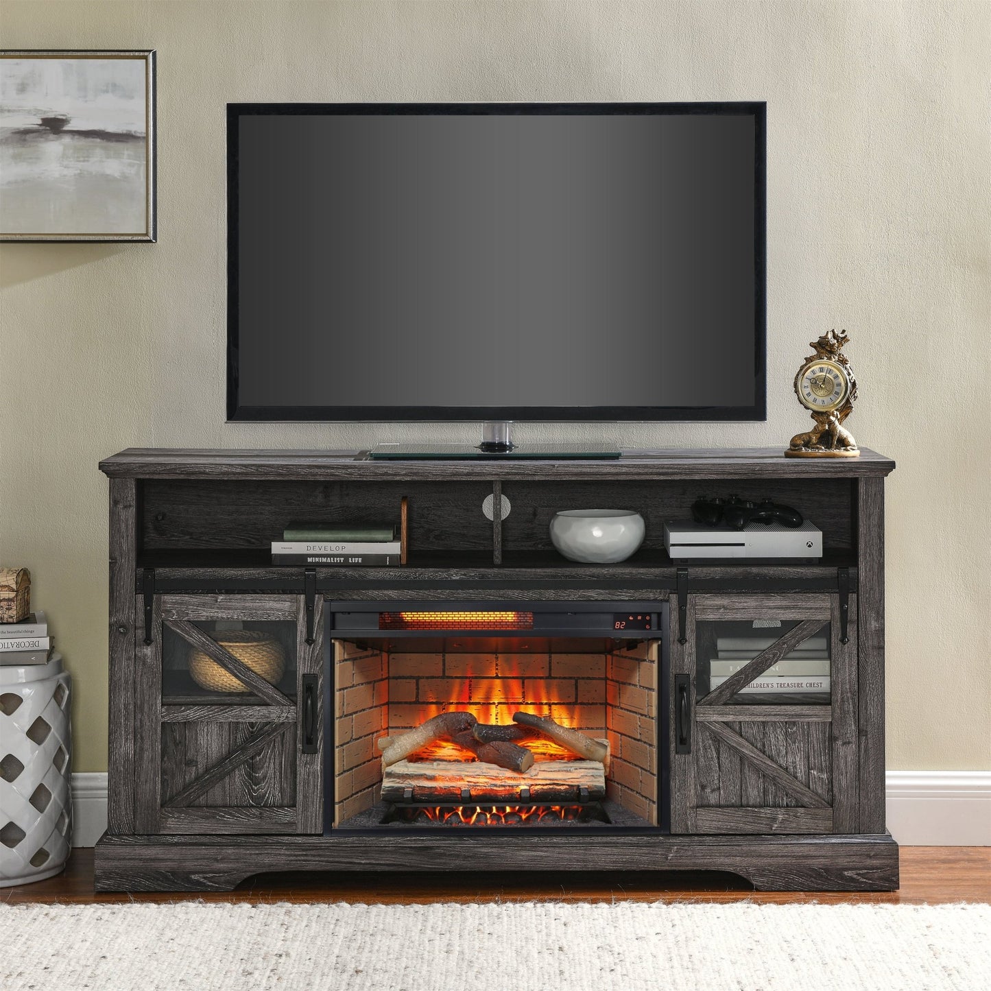 60 Inch Electric Fireplace Entertainment Center With Door Sensor - Dark Rustic Oak - 1st Choice Furniture Direct