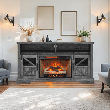 60 Inch Electric Fireplace Entertainment Center With Door Sensor - Dark Rustic Oak - 1st Choice Furniture Direct