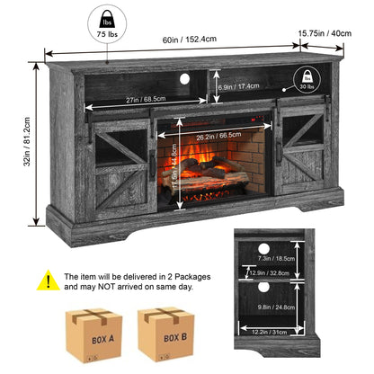 60 Inch Electric Fireplace Entertainment Center With Door Sensor - Dark Rustic Oak - 1st Choice Furniture Direct