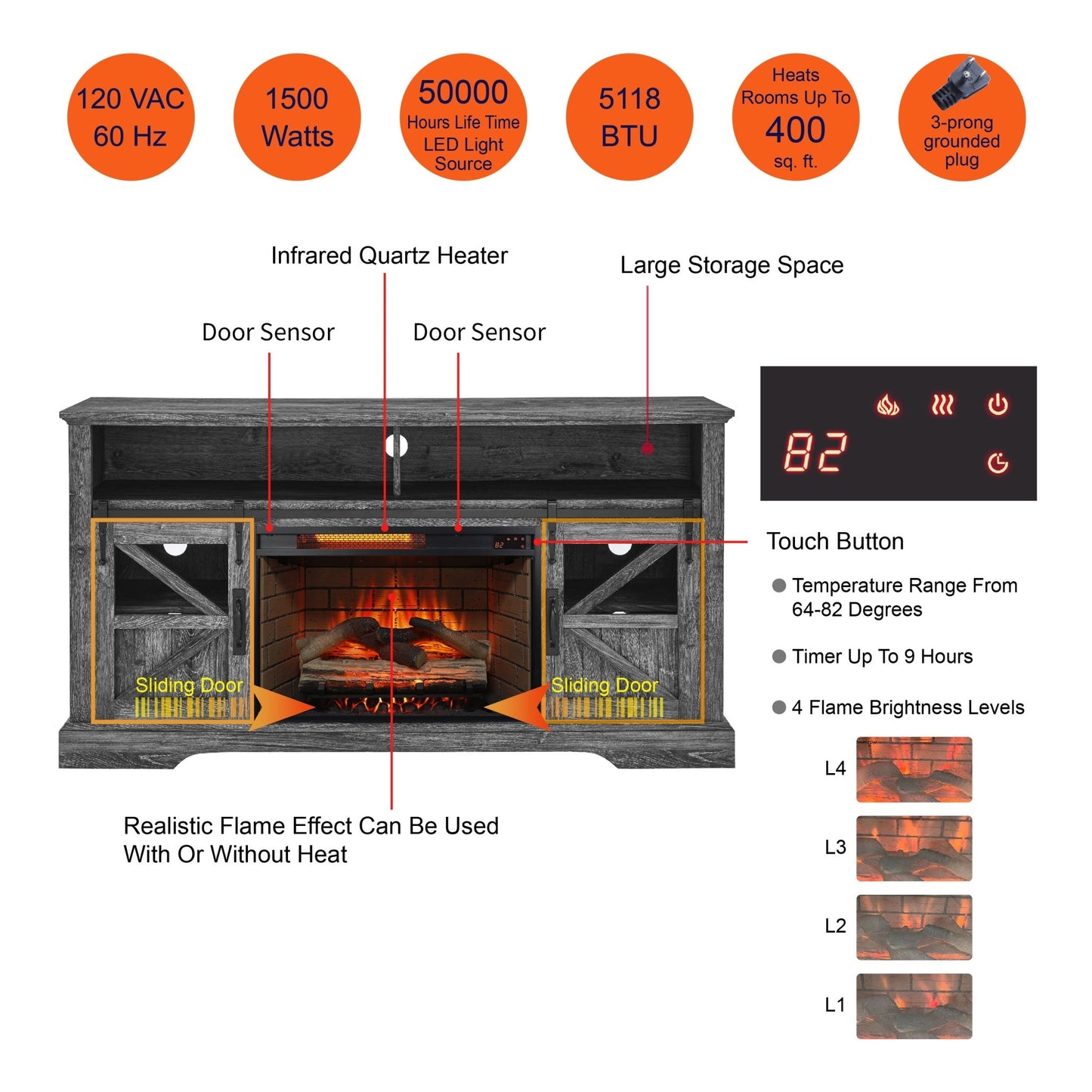 60 Inch Electric Fireplace Entertainment Center With Door Sensor - Dark Rustic Oak - 1st Choice Furniture Direct