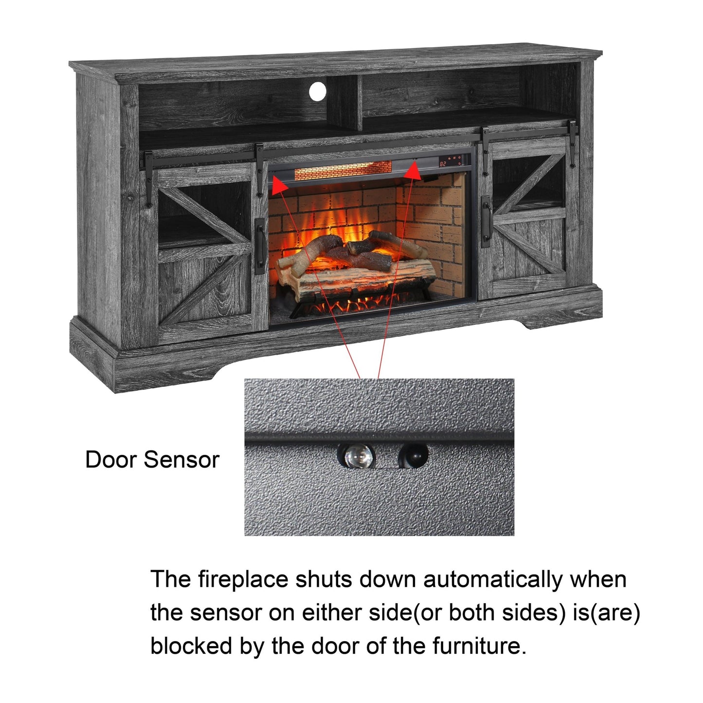 60 Inch Electric Fireplace Entertainment Center With Door Sensor - Dark Rustic Oak - 1st Choice Furniture Direct