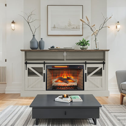 60 Inch Electric Fireplace Entertainment Center With Door Sensor - Jasmine white color - 1st Choice Furniture Direct