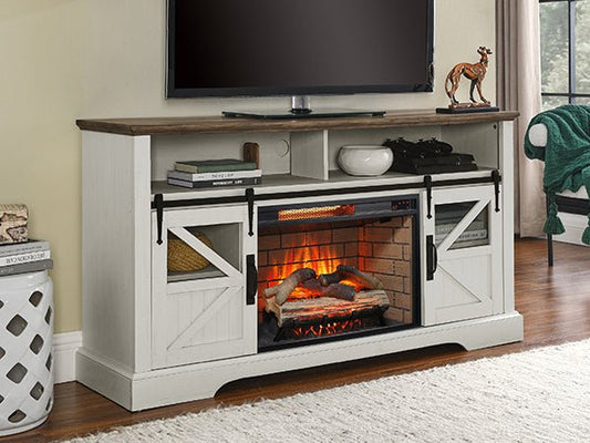 60 Inch Electric Fireplace Entertainment Center With Door Sensor - Jasmine white color - 1st Choice Furniture Direct