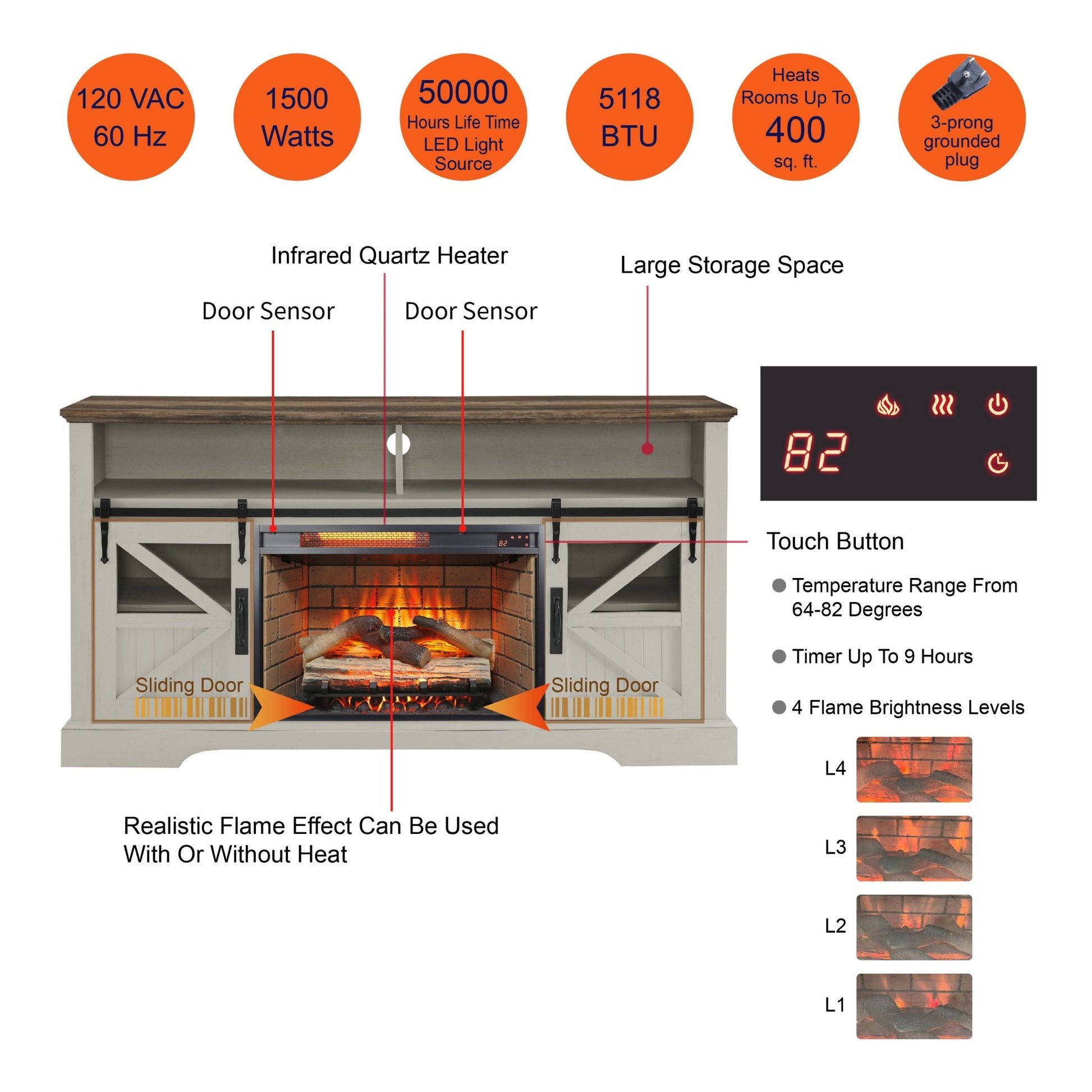 60 Inch Electric Fireplace Entertainment Center With Door Sensor - Jasmine white color - 1st Choice Furniture Direct
