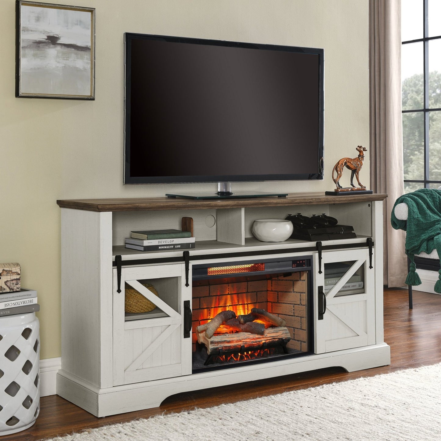 60 Inch Electric Fireplace Entertainment Center With Door Sensor - Jasmine white color - 1st Choice Furniture Direct