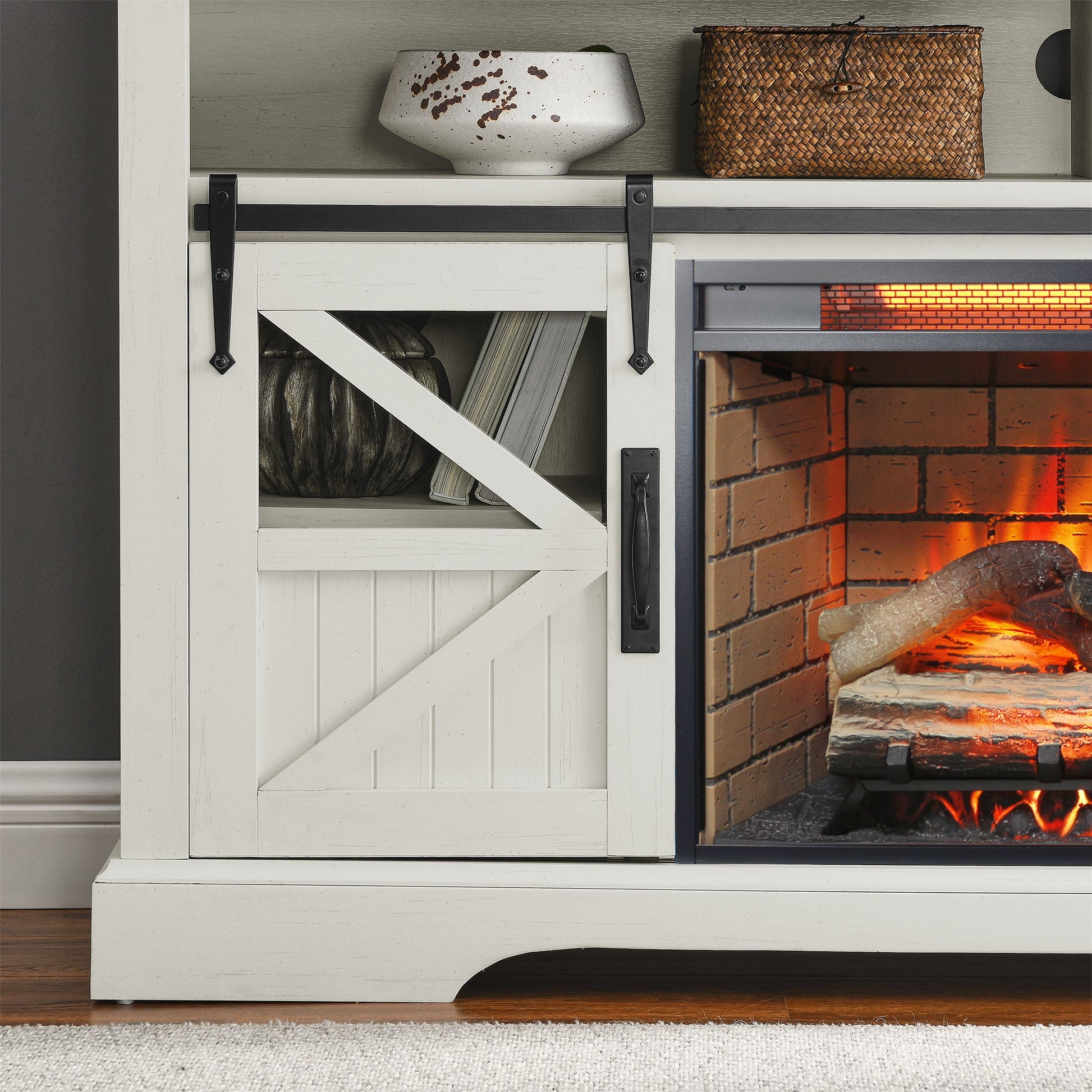 60 Inch Electric Fireplace Entertainment Center With Door Sensor - Jasmine white color - 1st Choice Furniture Direct