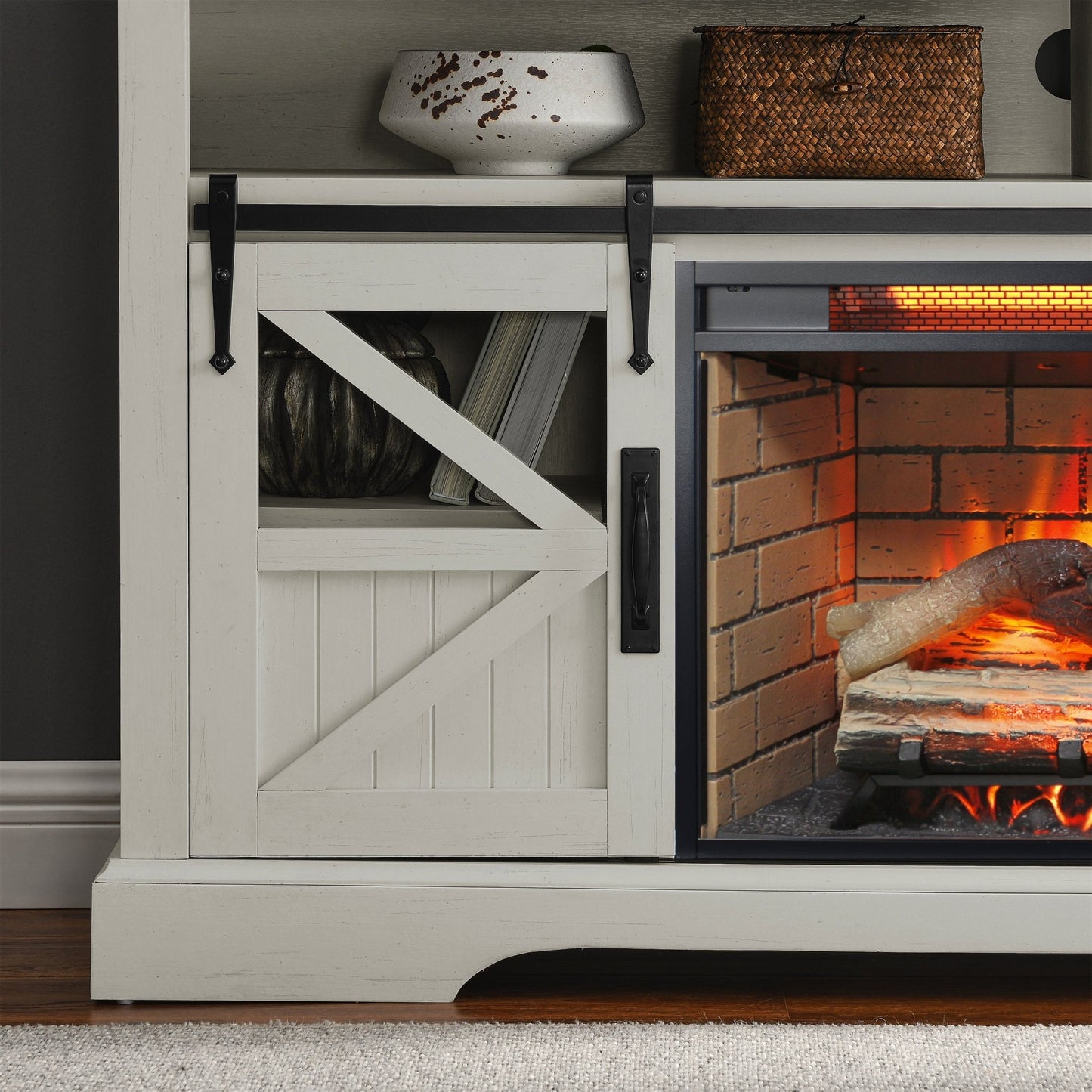 60 Inch Electric Fireplace Entertainment Center With Door Sensor - Jasmine white color - 1st Choice Furniture Direct