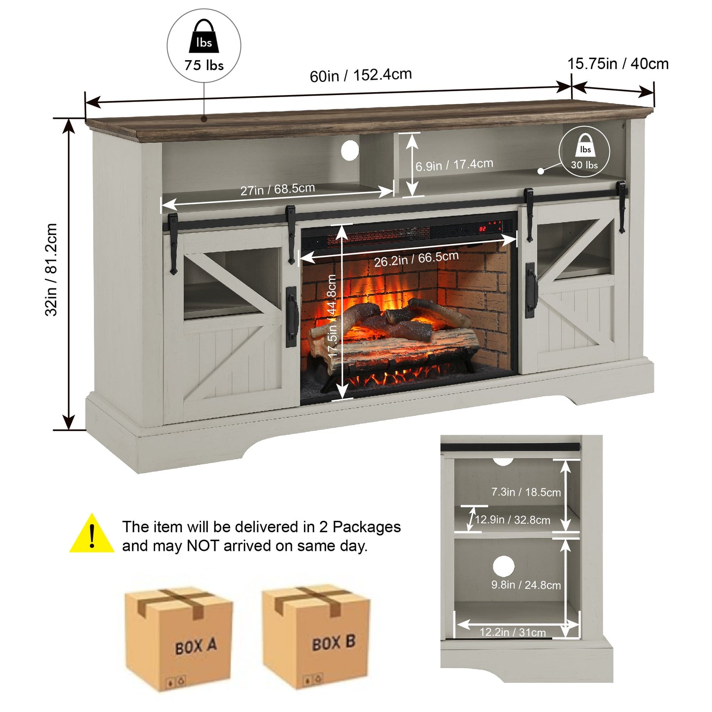60 Inch Electric Fireplace Entertainment Center With Door Sensor - Jasmine white color - 1st Choice Furniture Direct