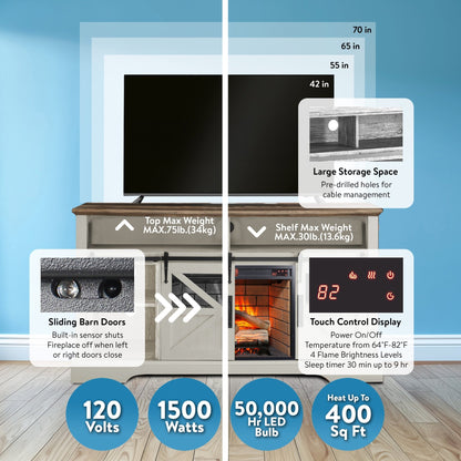 60 Inch Electric Fireplace Entertainment Center With Door Sensor - Jasmine white color - 1st Choice Furniture Direct