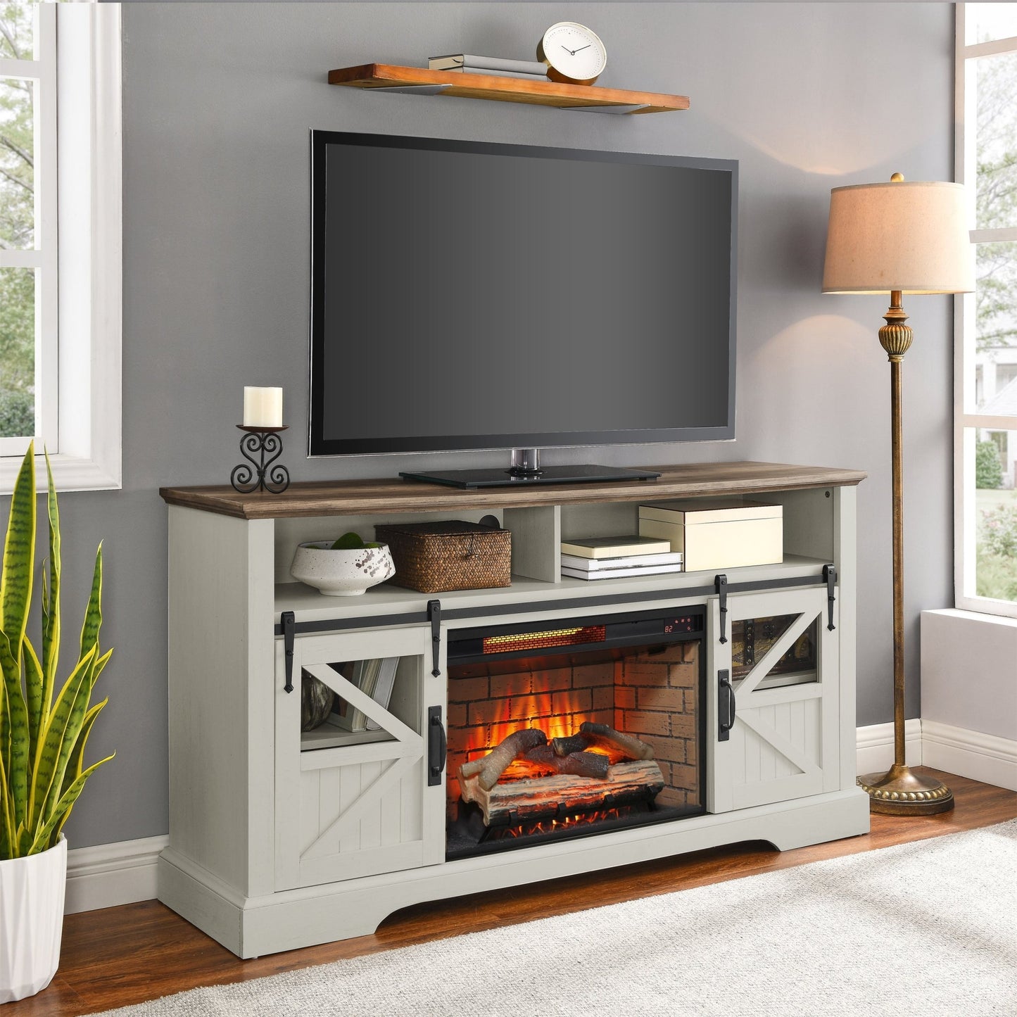 60 Inch Electric Fireplace Entertainment Center With Door Sensor - Jasmine white color - 1st Choice Furniture Direct