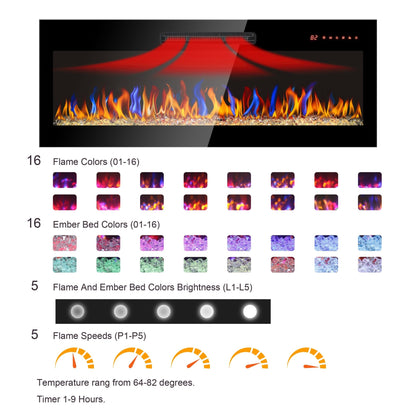 60 Inch Electric Fireplace Wall Mounted with Remote Control - 1st Choice Furniture Direct