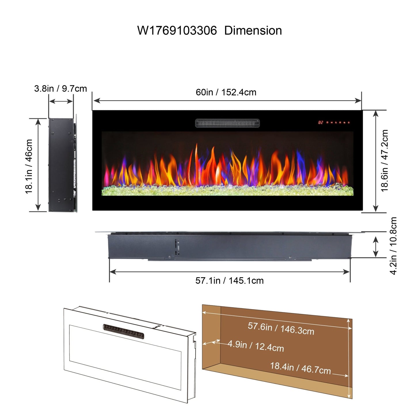60 Inch Electric Fireplace Wall Mounted with Remote Control - 1st Choice Furniture Direct