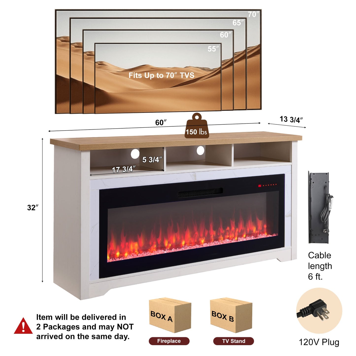 60 inch Fireplace TV Stand for TVs up to 70',with 50'smart Electric Fireplace,white - 1st Choice Furniture Direct