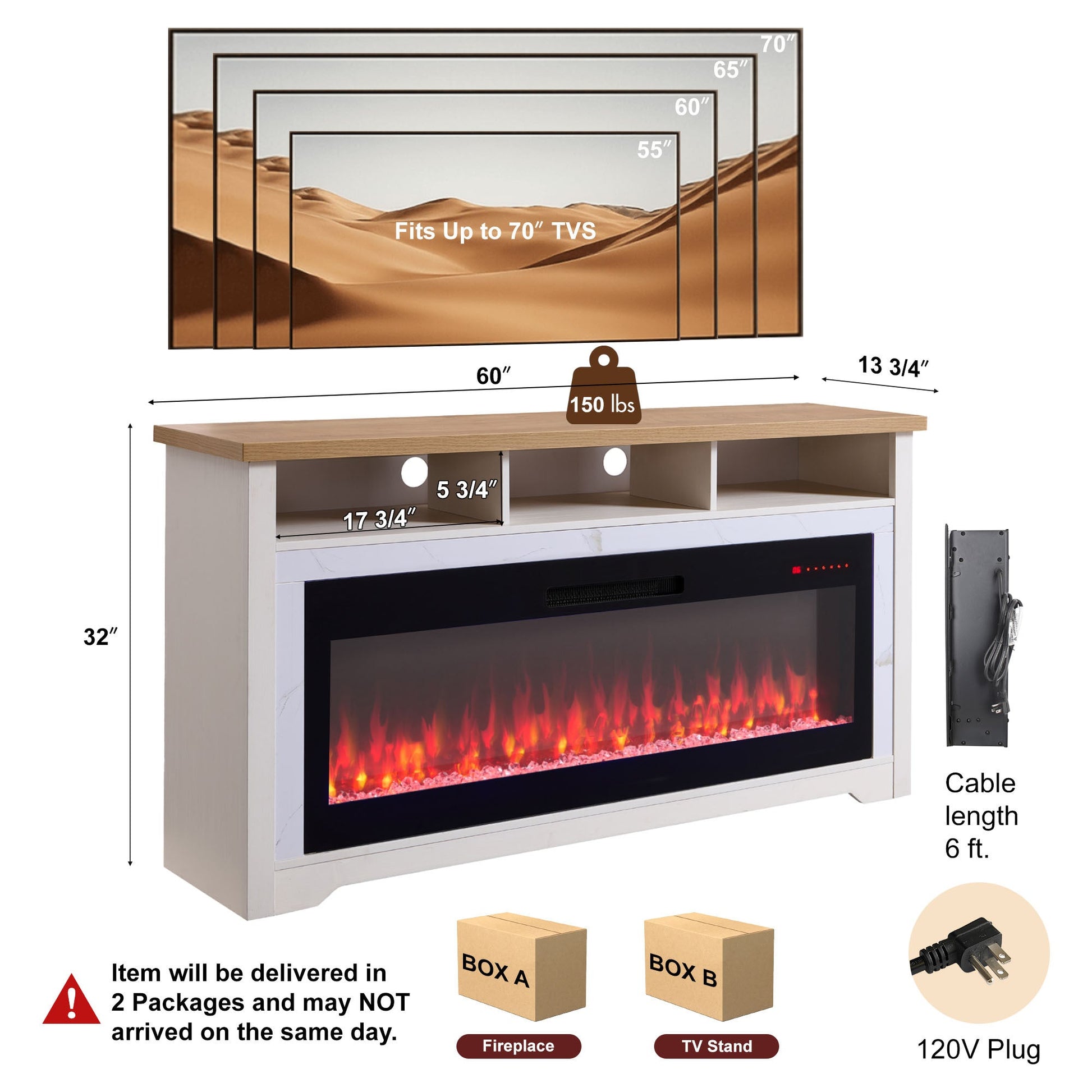 60 inch Fireplace TV Stand for TVs up to 70',with 50'smart Electric Fireplace,white - 1st Choice Furniture Direct