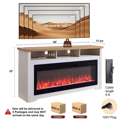 60 inch Fireplace TV Stand for TVs up to 70',with 50'smart Electric Fireplace,white - 1st Choice Furniture Direct