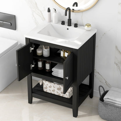 [VIDEO] 24' Black Modern Sleek Bathroom Vanity Elegant Ceramic Sink with Solid Wood Frame Open Style Shelf