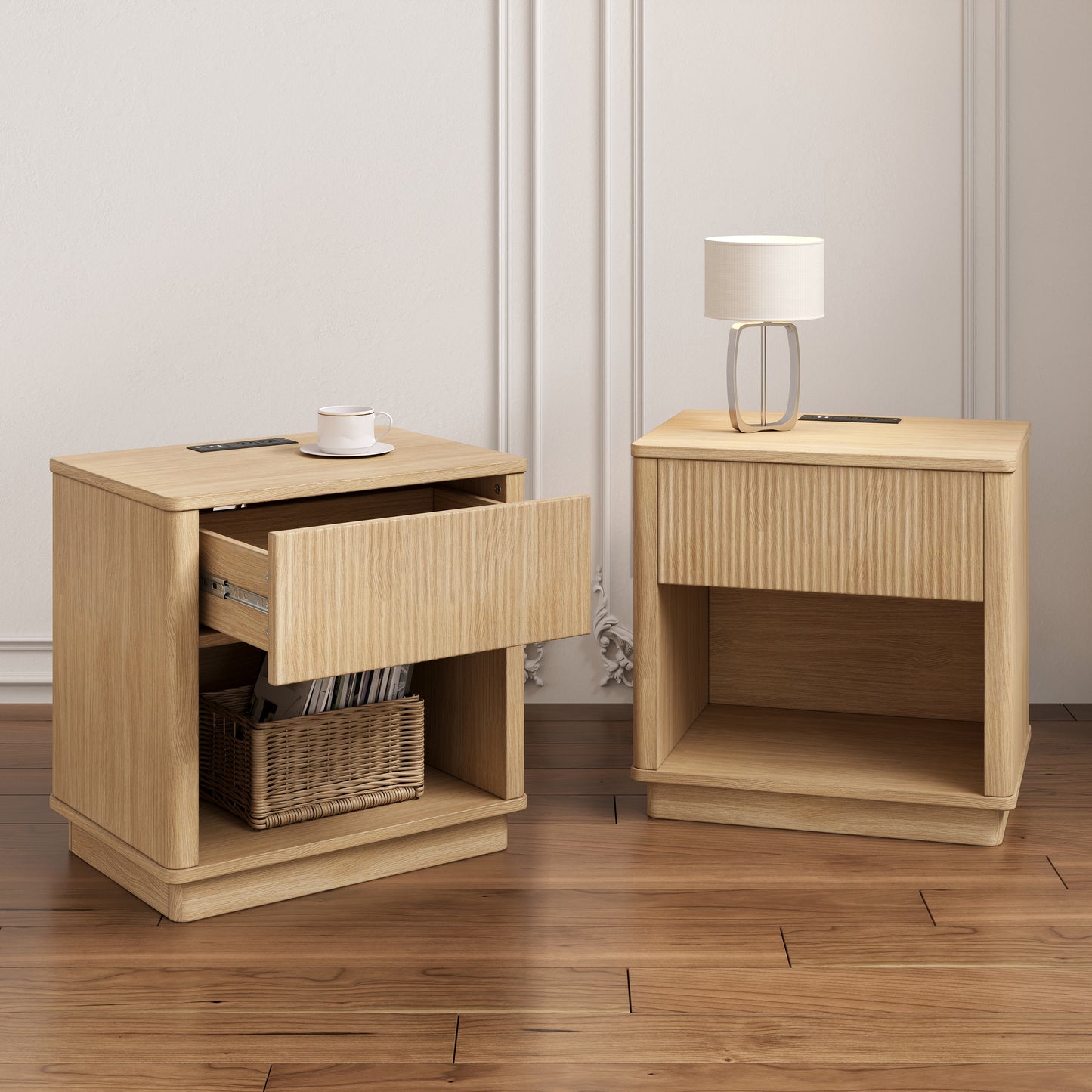 Charging Nightstand Set of 2, Bedside Tables with Charging Stations, Outlet/USB Bedside Tables with Drawer, Modern Set for Bedroom,Natural Color