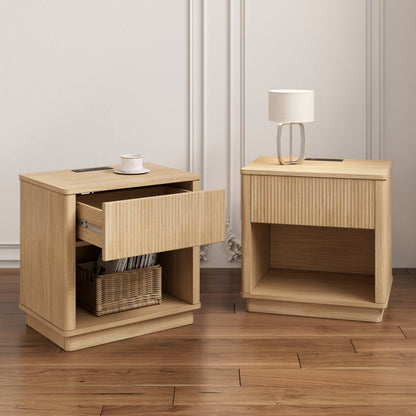 Charging Nightstand Set of 2, Bedside Tables with Charging Stations, Outlet/USB Bedside Tables with Drawer, Modern Set for Bedroom,Natural Color