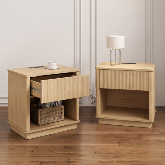 Charging Nightstand Set of 2, Bedside Tables with Charging Stations, Outlet/USB Bedside Tables with Drawer, Modern Set for Bedroom,Natural Color