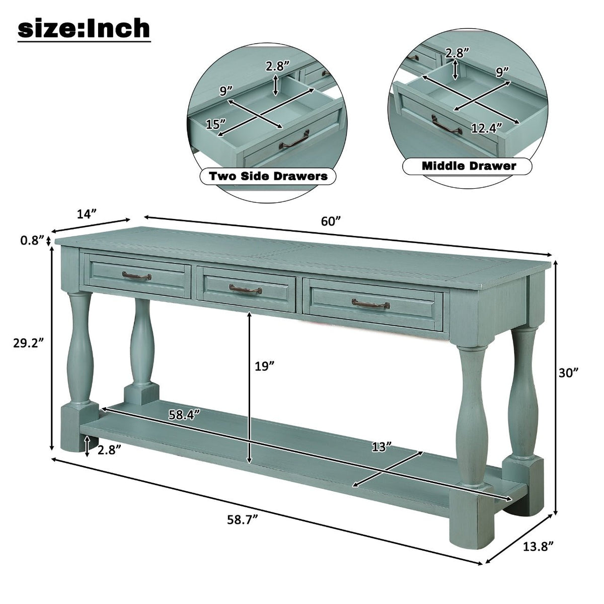 60inch Long Wood Console Table with 3 Drawers and 1 Bottom Shelf for Entryway Hallway Easy Assembly Extra-thick Sofa Table ( Retro Blue) - 1st Choice Furniture Direct