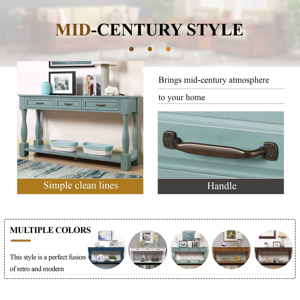 60inch Long Wood Console Table with 3 Drawers and 1 Bottom Shelf for Entryway Hallway Easy Assembly Extra-thick Sofa Table ( Retro Blue) - 1st Choice Furniture Direct