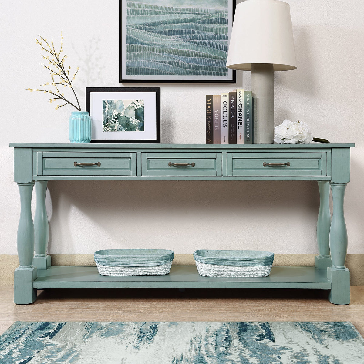 60inch Long Wood Console Table with 3 Drawers and 1 Bottom Shelf for Entryway Hallway Easy Assembly Extra-thick Sofa Table ( Retro Blue) - 1st Choice Furniture Direct