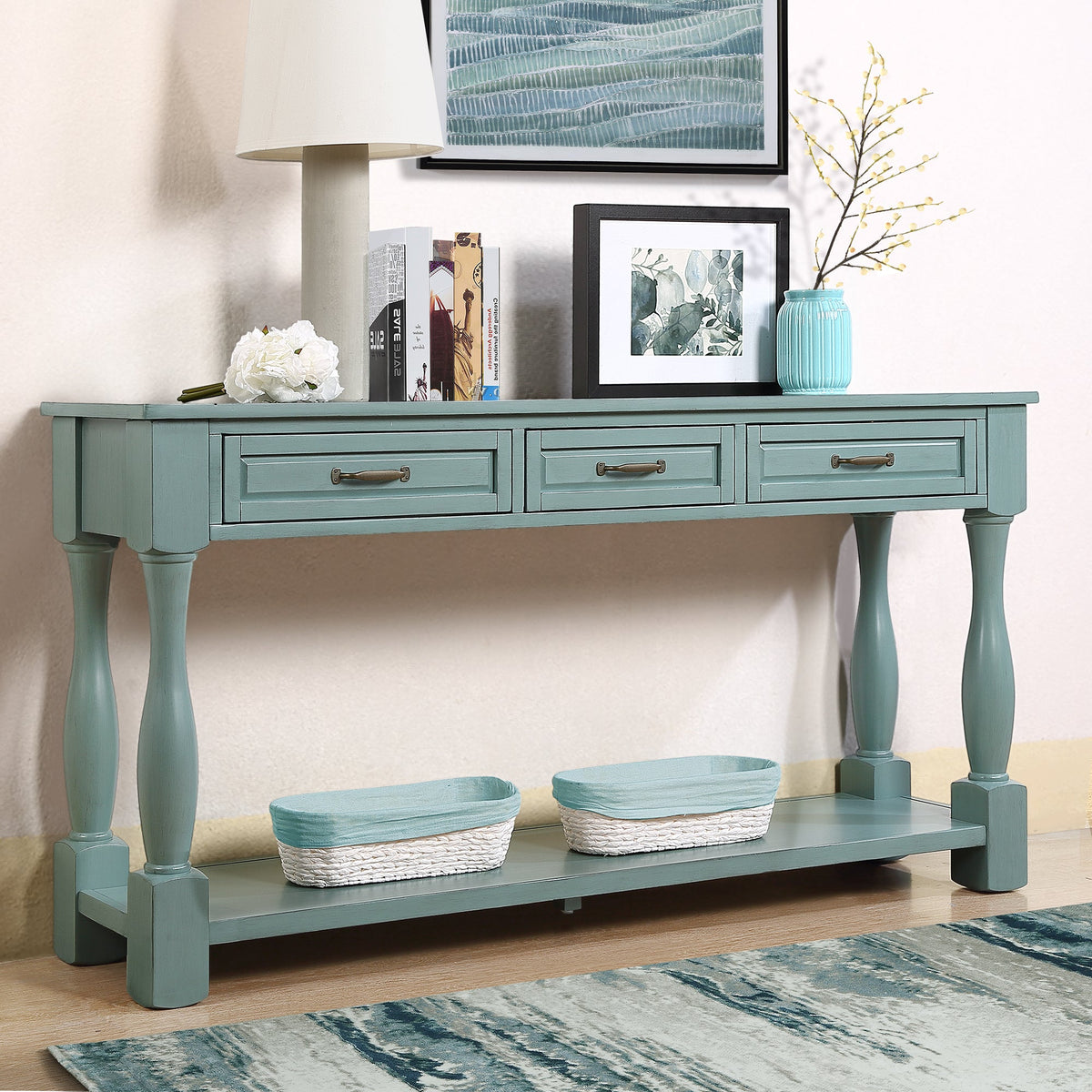 60inch Long Wood Console Table with 3 Drawers and 1 Bottom Shelf for Entryway Hallway Easy Assembly Extra-thick Sofa Table ( Retro Blue) - 1st Choice Furniture Direct