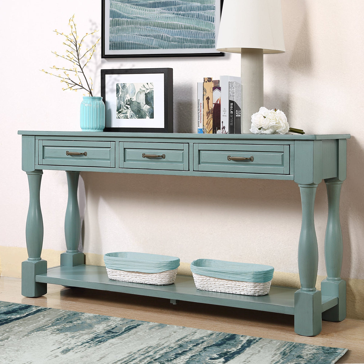 60inch Long Wood Console Table with 3 Drawers and 1 Bottom Shelf for Entryway Hallway Easy Assembly Extra-thick Sofa Table ( Retro Blue) - 1st Choice Furniture Direct