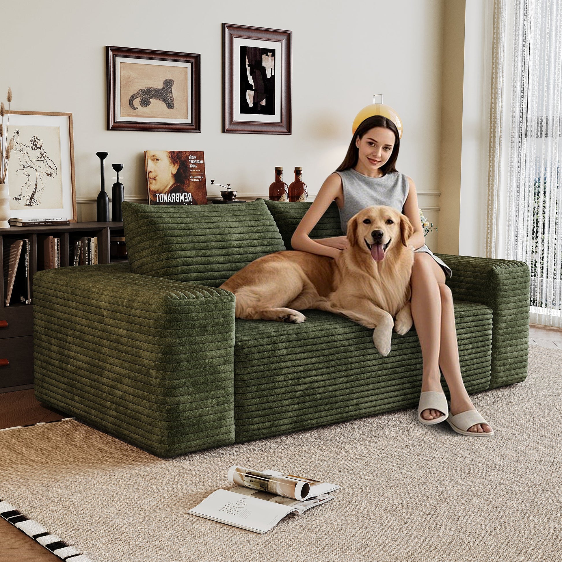 63' 2Setaser Sofa,Corduroy Fabric,Deep Seat Couches,Comfy Loveseat Sofa,No Assembly,1pcs for Living room, Bedroom,Conference room ,Apartment,Green - 1st Choice Furniture Direct