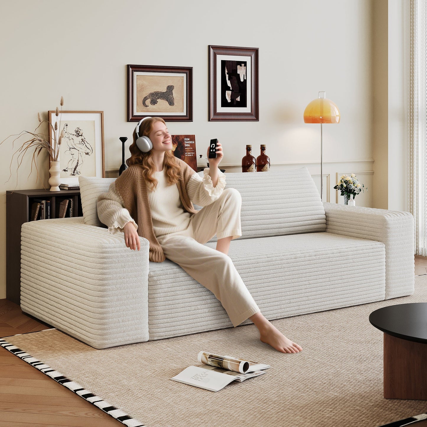 63' 2Setaser Sofa,Corduroy Fabric,Deep Seat Couches,Comfy Loveseat Sofa,No Assembly,1pcs for Living room, Bedroom,Conference room ,Apartment,White - 1st Choice Furniture Direct