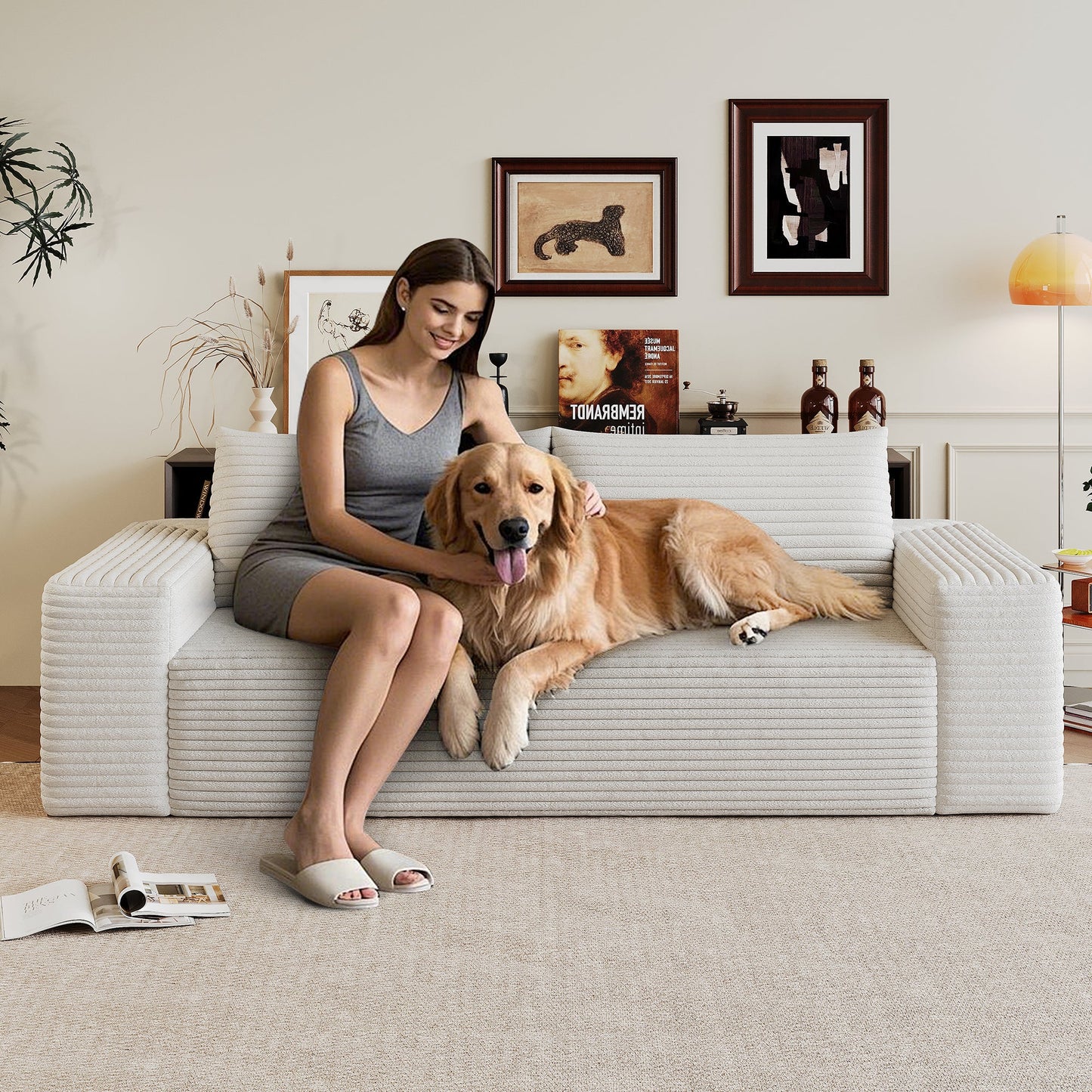 63' 2Setaser Sofa,Corduroy Fabric,Deep Seat Couches,Comfy Loveseat Sofa,No Assembly,1pcs for Living room, Bedroom,Conference room ,Apartment,White - 1st Choice Furniture Direct