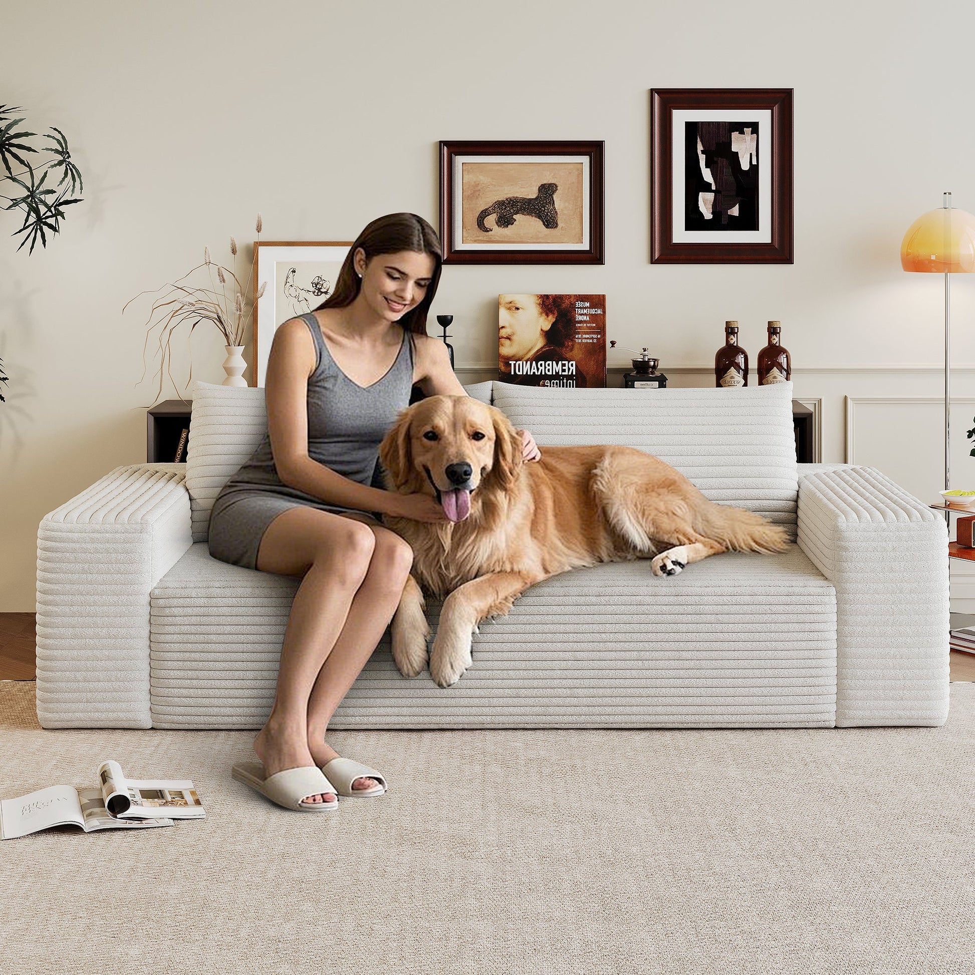 63' 2Setaser Sofa,Corduroy Fabric,Deep Seat Couches,Comfy Loveseat Sofa,No Assembly,1pcs for Living room, Bedroom,Conference room ,Apartment,White - 1st Choice Furniture Direct