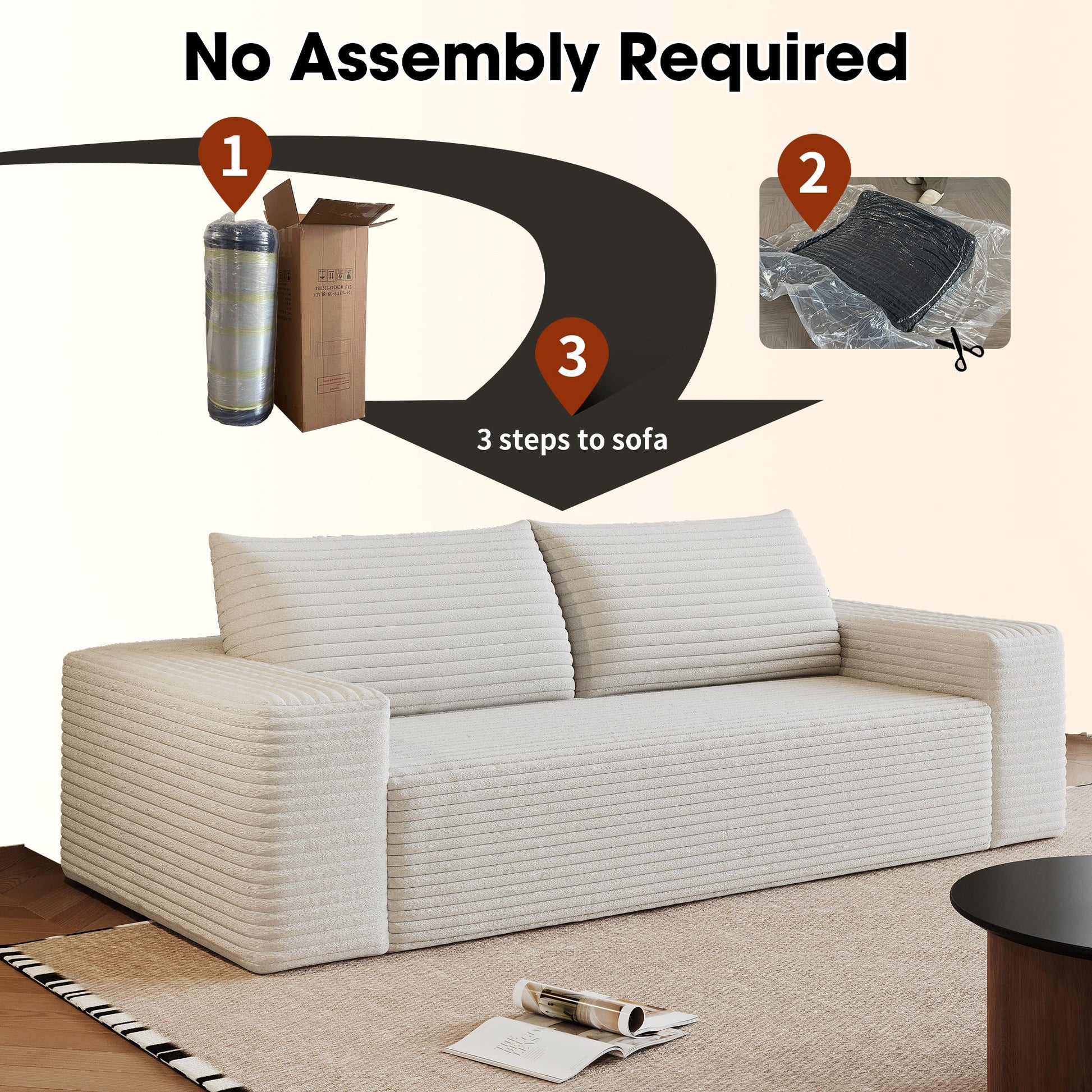 63' 2Setaser Sofa,Corduroy Fabric,Deep Seat Couches,Comfy Loveseat Sofa,No Assembly,1pcs for Living room, Bedroom,Conference room ,Apartment,White - 1st Choice Furniture Direct
