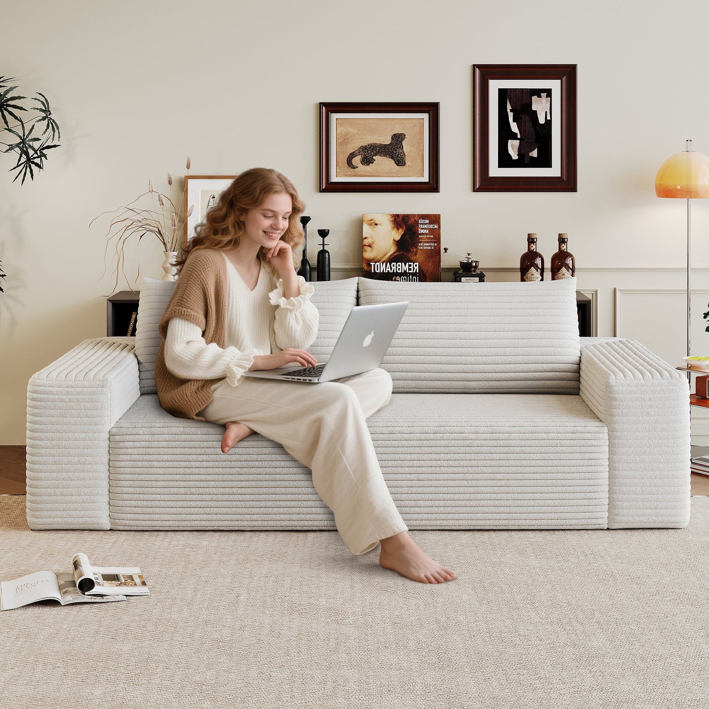 63' 2Setaser Sofa,Corduroy Fabric,Deep Seat Couches,Comfy Loveseat Sofa,No Assembly,1pcs for Living room, Bedroom,Conference room ,Apartment,White - 1st Choice Furniture Direct