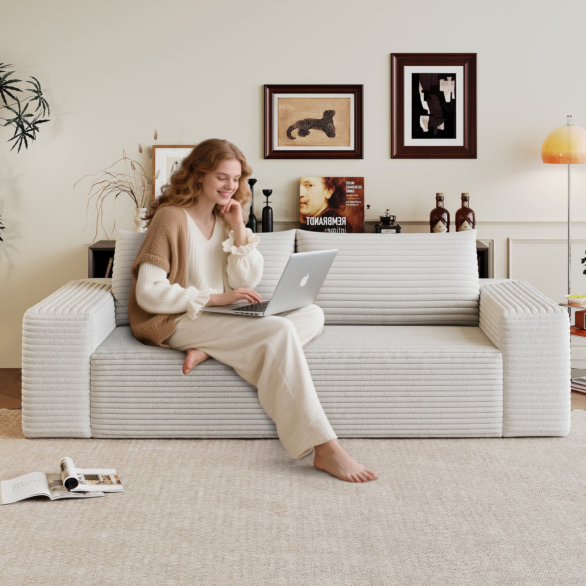 63' 2Setaser Sofa,Corduroy Fabric,Deep Seat Couches,Comfy Loveseat Sofa,No Assembly,1pcs for Living room, Bedroom,Conference room ,Apartment,White - 1st Choice Furniture Direct