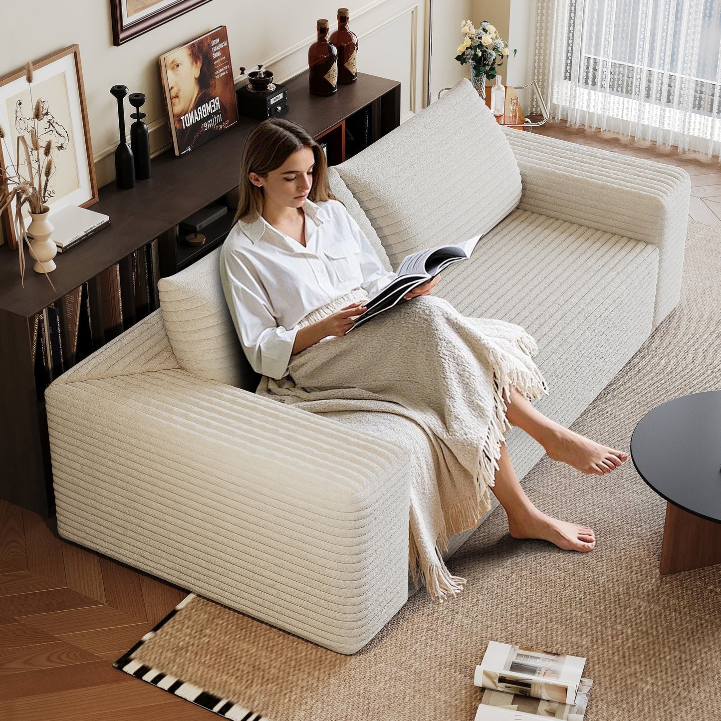 63' 2Setaser Sofa,Corduroy Fabric,Deep Seat Couches,Comfy Loveseat Sofa,No Assembly,1pcs for Living room, Bedroom,Conference room ,Apartment,White - 1st Choice Furniture Direct