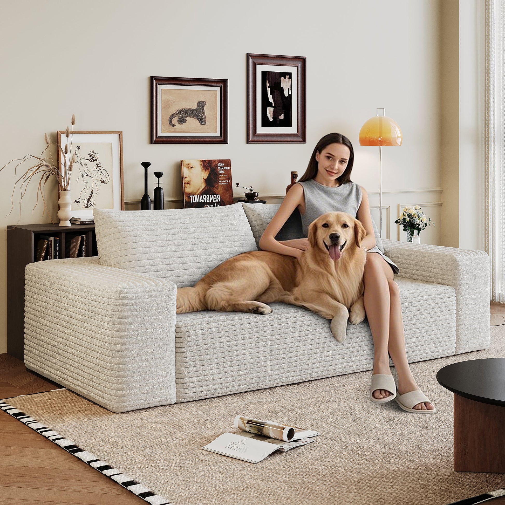 63' 2Setaser Sofa,Corduroy Fabric,Deep Seat Couches,Comfy Loveseat Sofa,No Assembly,1pcs for Living room, Bedroom,Conference room ,Apartment,White - 1st Choice Furniture Direct