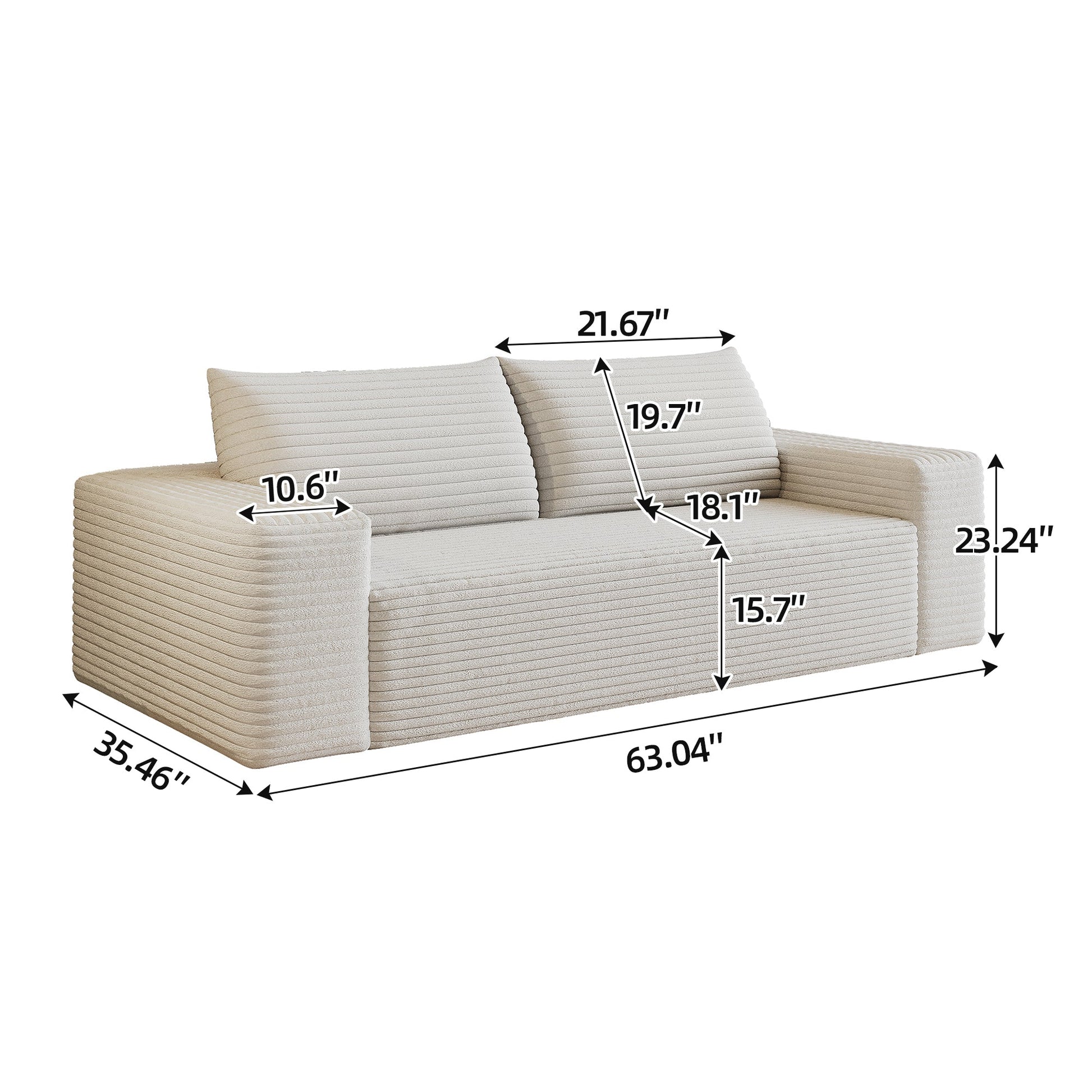 63' 2Setaser Sofa,Corduroy Fabric,Deep Seat Couches,Comfy Loveseat Sofa,No Assembly,1pcs for Living room, Bedroom,Conference room ,Apartment,White - 1st Choice Furniture Direct