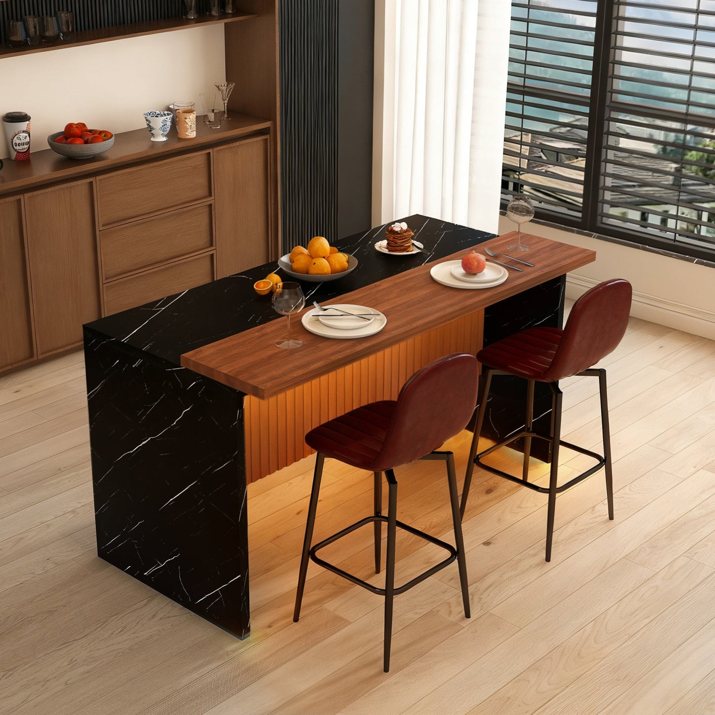 63 - inch Modern Kitchen Island Set with 2 Dark Brown Bar Stools - Black Marble Look Surface, LED Lighting & Grill Design for Dining Room, Open Concept Spaces, Lounge(2 Dark Brown Bar Stools) - 1st Choice Furniture Direct