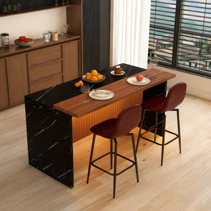 63 - inch Modern Kitchen Island Set with 2 Dark Brown Bar Stools - Black Marble Look Surface, LED Lighting & Grill Design for Dining Room, Open Concept Spaces, Lounge(2 Dark Brown Bar Stools) - 1st Choice Furniture Direct