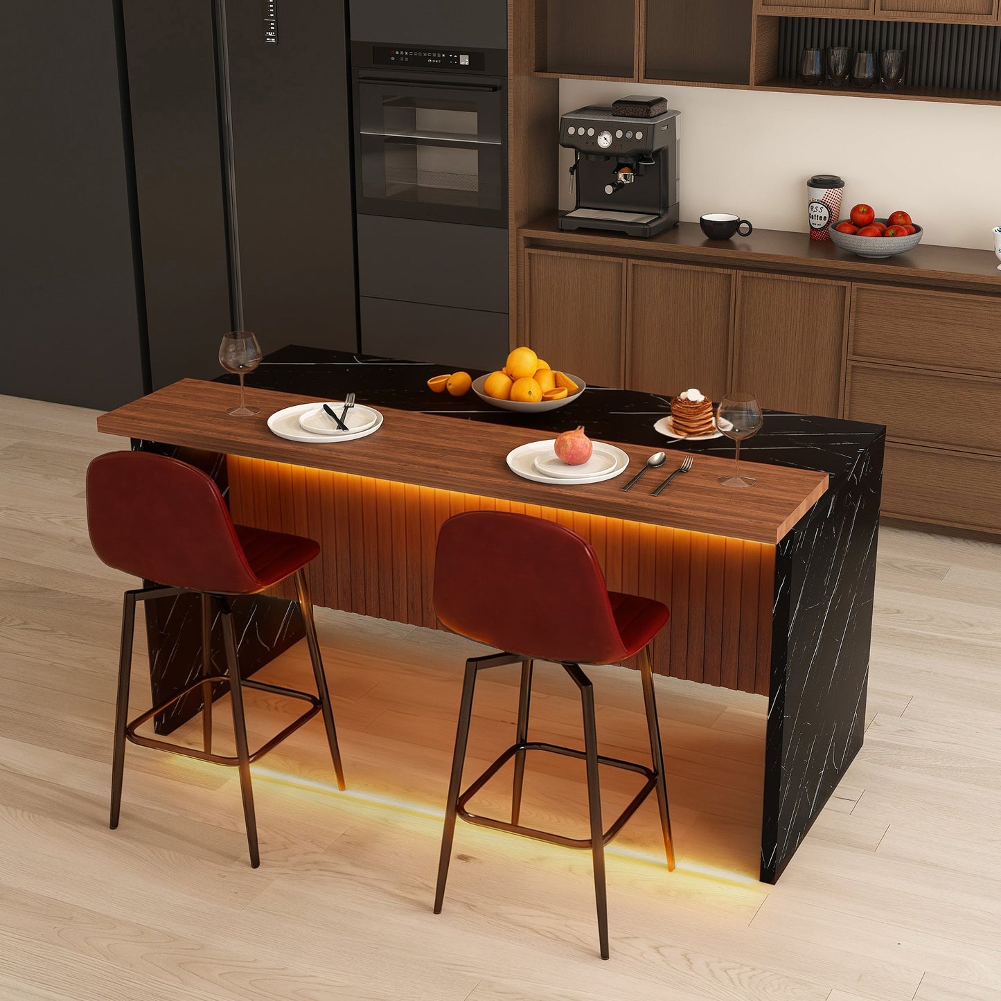 63 - inch Modern Kitchen Island Set with 2 Dark Brown Bar Stools - Black Marble Look Surface, LED Lighting & Grill Design for Dining Room, Open Concept Spaces, Lounge(2 Dark Brown Bar Stools) - 1st Choice Furniture Direct